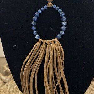 Blue Beaded Necklace with Tan Fringe